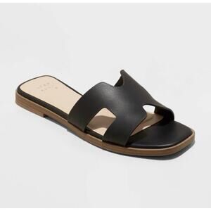 Nina Slide Sandals Sz 9.5 Women Black Faux Leather H-Band Casual Slip-On